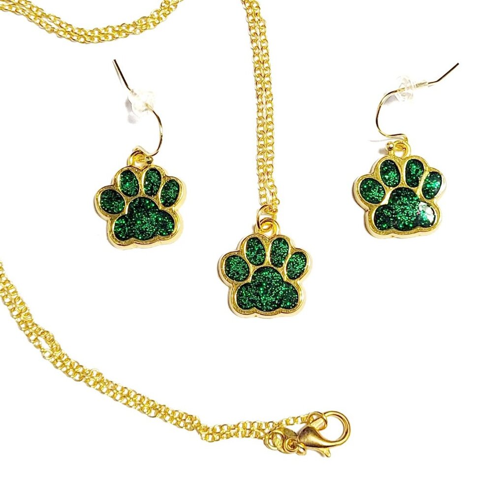 Green Paw Sparkly Gold Plated Earrings & Necklace Set NWT